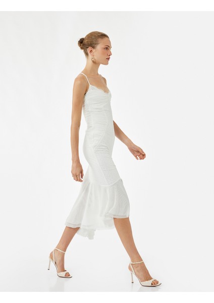 Kalp Yaka Askılı Tüllü Dantelli Asimetrik Abiye Elbise fiyatları