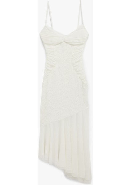 Kalp Yaka Askılı Tüllü Dantelli Asimetrik Abiye Elbise modelleri