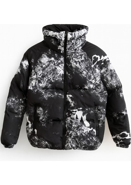Erkek Astarlı Su ve Rüzgar Geçirmez Kapüşonlu Baskılı Şişme Mont