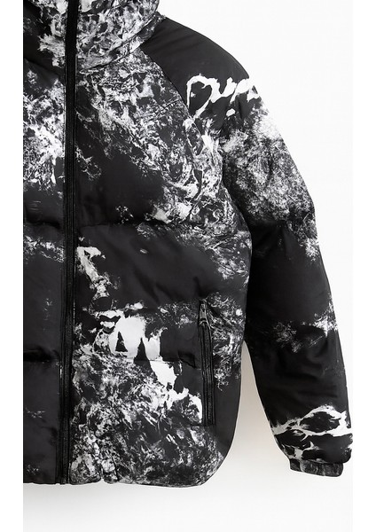 Erkek Astarlı Su ve Rüzgar Geçirmez Kapüşonlu Baskılı Şişme Mont fiyatları