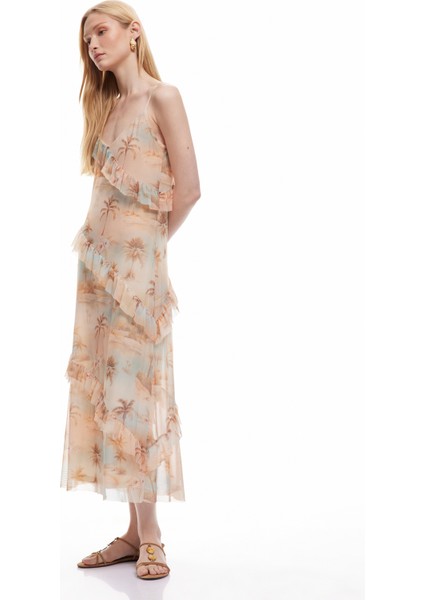 Astarlı Palmiye Desenli Midi Boy Ince Askılı Fırfırlı Elbise