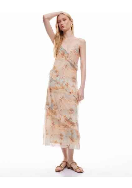 Astarlı Palmiye Desenli Midi Boy Ince Askılı Fırfırlı Elbise fiyatları