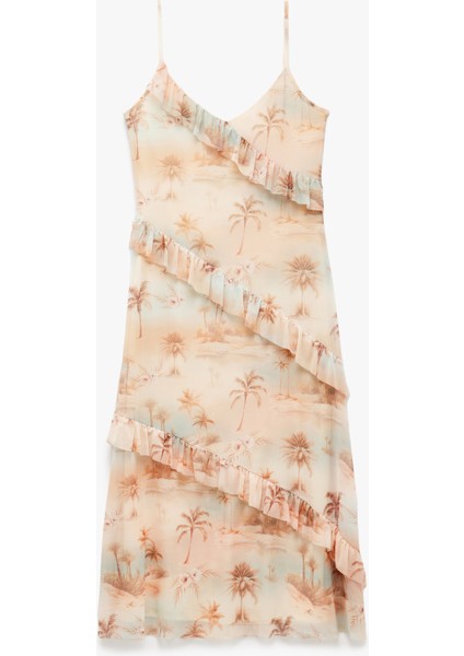 Astarlı Palmiye Desenli Midi Boy Ince Askılı Fırfırlı Elbise modelleri