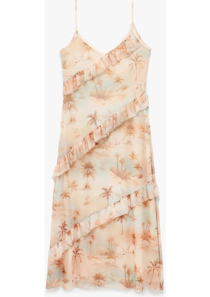 Astarlı Palmiye Desenli Midi Boy Ince Askılı Fırfırlı Elbise fırsatları