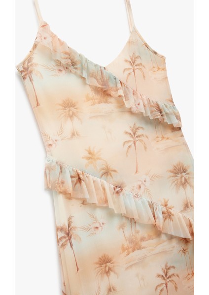 Astarlı Palmiye Desenli Midi Boy Ince Askılı Fırfırlı Elbise indirimleri