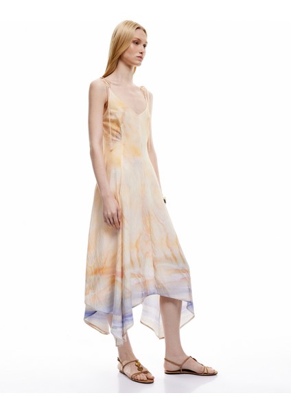 Asimetrik Kesim Soyut Desenli V Yaka Ince Askılı Midi Elbise