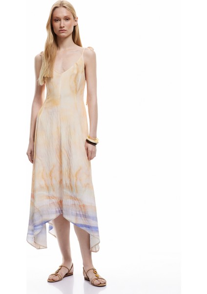 Asimetrik Kesim Soyut Desenli V Yaka Ince Askılı Midi Elbise fiyatları