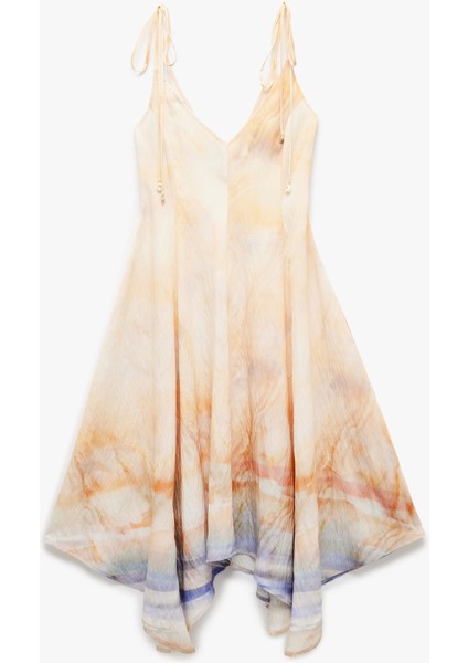 Asimetrik Kesim Soyut Desenli V Yaka Ince Askılı Midi Elbise fırsatları