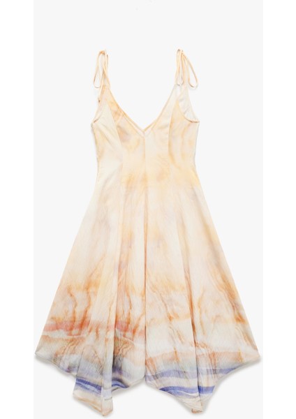 Asimetrik Kesim Soyut Desenli V Yaka Ince Askılı Midi Elbise indirimleri