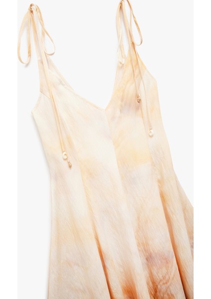 Asimetrik Kesim Soyut Desenli V Yaka Ince Askılı Midi Elbise