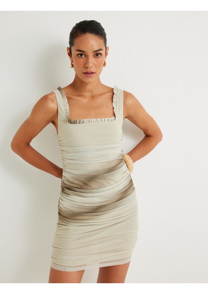 Tül Mini Kalem Elbise Drapeli Fırfır Detaylı Kare Yaka Slim Fit fiyatları