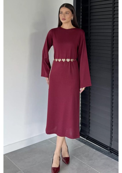 Bisiklet Yaka Metal Kemerli Triko Elbise P-00019221