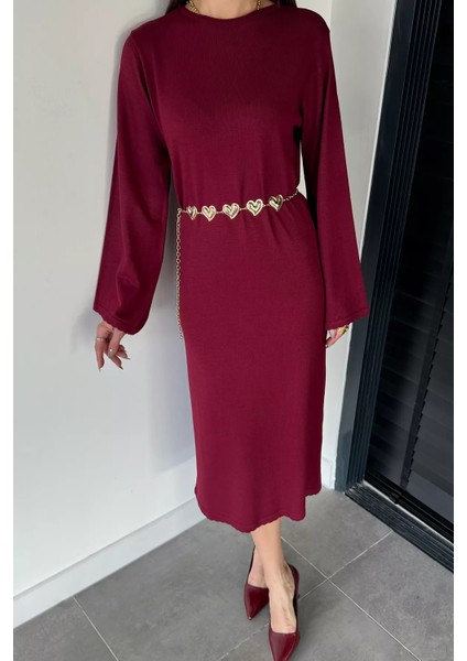 Bisiklet Yaka Metal Kemerli Triko Elbise P-00019221 fiyatları