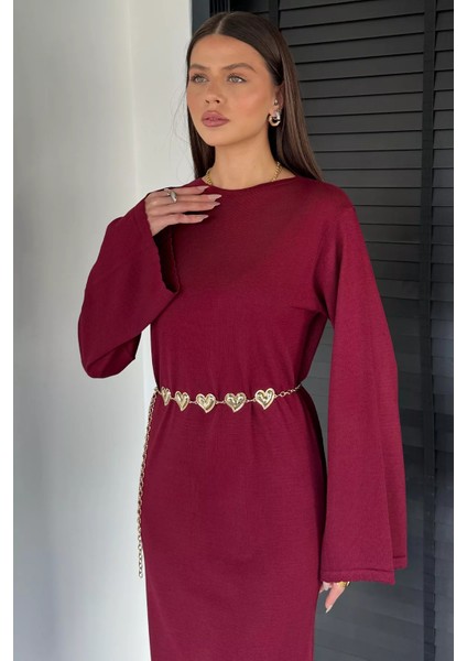 Bisiklet Yaka Metal Kemerli Triko Elbise P-00019221 fırsatları