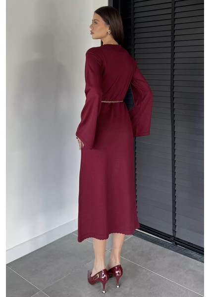 Bisiklet Yaka Metal Kemerli Triko Elbise P-00019221 indirimleri