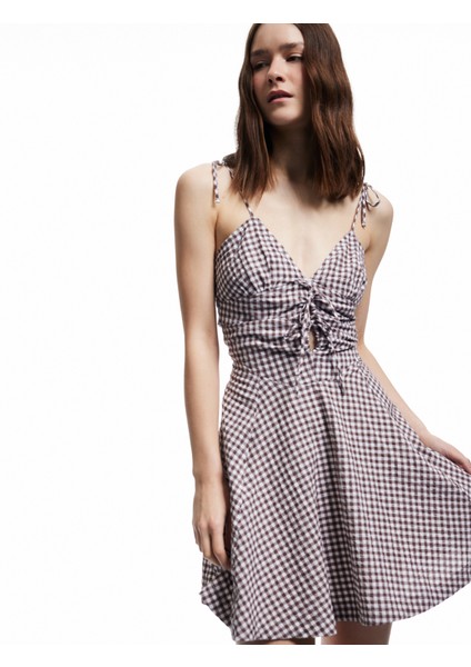 Bağlama Detaylı Askılı Pötikareli A Kesim V Yaka Mini Elbise