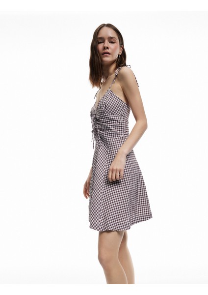 Bağlama Detaylı Askılı Pötikareli A Kesim V Yaka Mini Elbise fiyatları