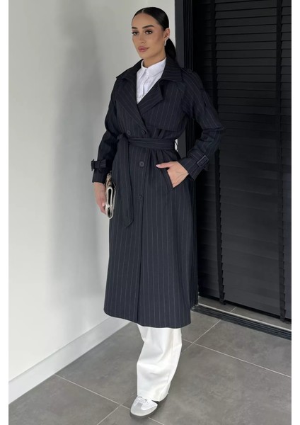 Kadın Iç Astarlı Bel Kuşaklı Çizgi Desenli Trençkot P-00019231
