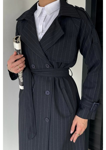 Kadın Iç Astarlı Bel Kuşaklı Çizgi Desenli Trençkot P-00019231 fiyatları