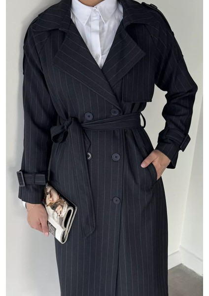 Kadın Iç Astarlı Bel Kuşaklı Çizgi Desenli Trençkot P-00019231 modelleri