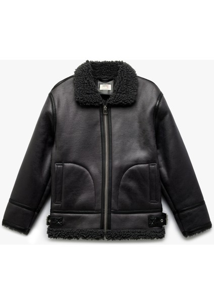 Uzun Kollu Peluş Yaka Detaylı Cepli Fermuarlı Deri Ceket