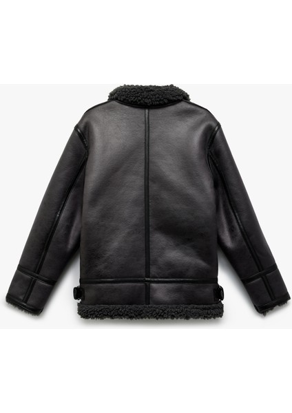 Uzun Kollu Peluş Yaka Detaylı Cepli Fermuarlı Deri Ceket fiyatları