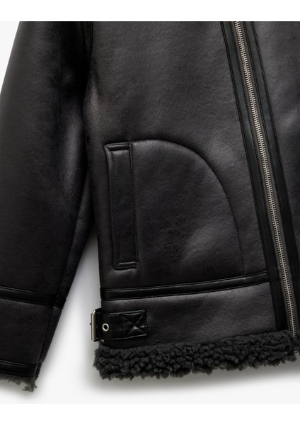 Uzun Kollu Peluş Yaka Detaylı Cepli Fermuarlı Deri Ceket modelleri