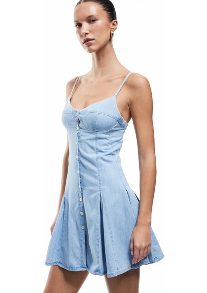 Kalp Yaka Ip Askılı Düğmeli Pileli Mini Denim Elbise fiyatları