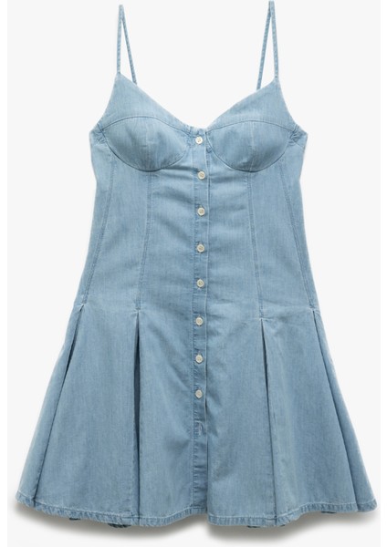 Kalp Yaka Ip Askılı Düğmeli Pileli Mini Denim Elbise modelleri