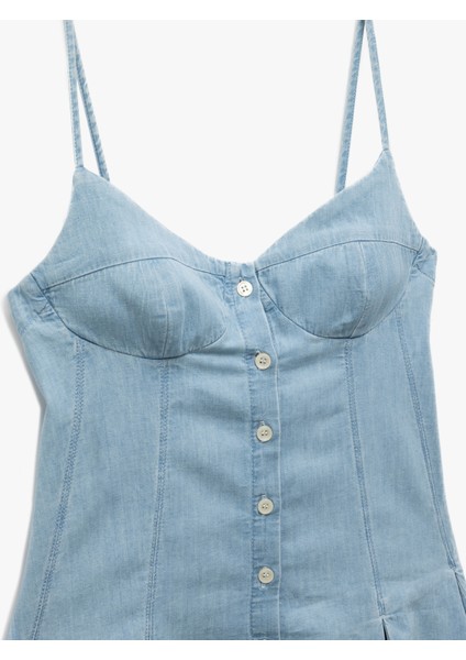 Kalp Yaka Ip Askılı Düğmeli Pileli Mini Denim Elbise indirimleri