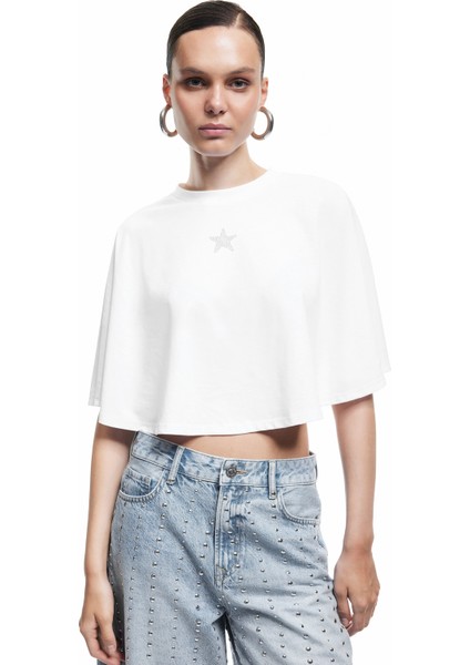 Yıldız Taş Detaylı Bisiklet Yaka Crop Pelerin Tişört fiyatları