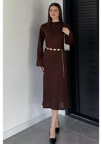 Bisiklet Yaka Metal Kemerli Triko Elbise P-00019221