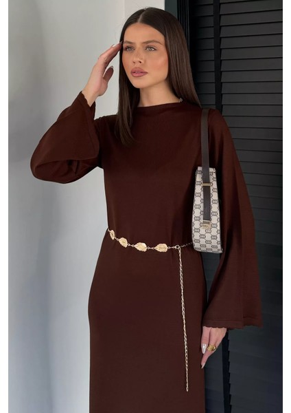 Bisiklet Yaka Metal Kemerli Triko Elbise P-00019221 modelleri