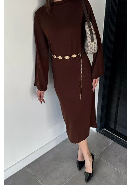 Bisiklet Yaka Metal Kemerli Triko Elbise P-00019221 fırsatları