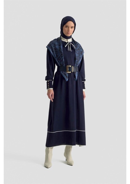 Fularlı Triko Elbise 25KTD955 Lacivert