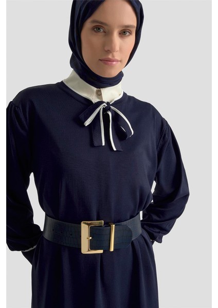 Fularlı Triko Elbise 25KTD955 Lacivert fırsatları