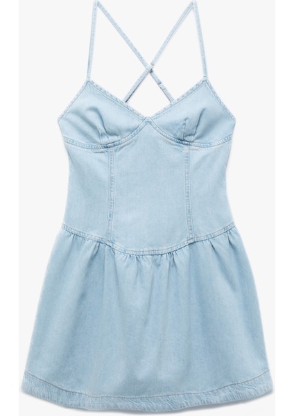 Volanlı V Yaka Çapraz Ip Askılı Mini Denim Elbise modelleri