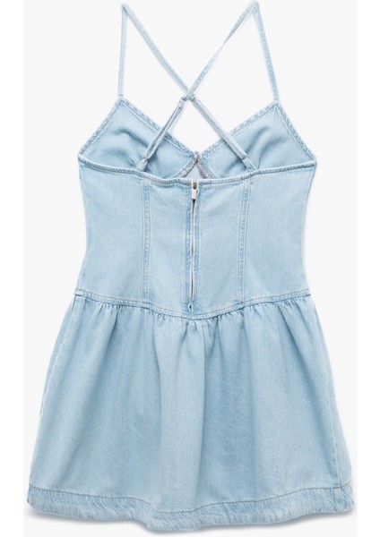 Volanlı V Yaka Çapraz Ip Askılı Mini Denim Elbise fırsatları