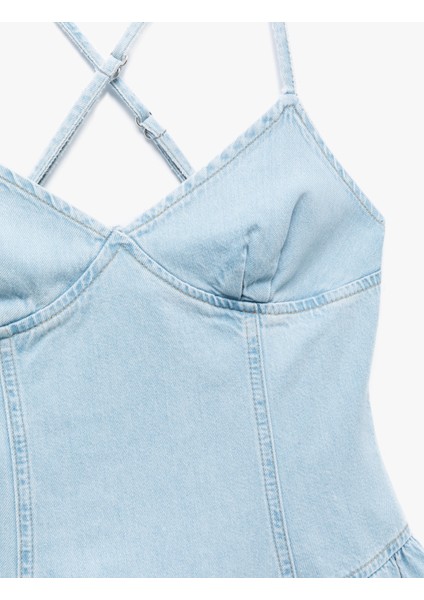 Volanlı V Yaka Çapraz Ip Askılı Mini Denim Elbise indirimleri