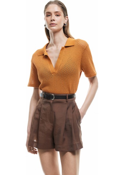 Pamuklu Ajurlu Kısa Kollu Polo Yaka Kroşe Tişört