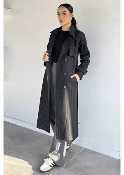 Kadın Iç Astarlı Bel Kuşaklı Çizgi Desenli Trençkot P-00019231