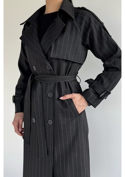 Kadın Iç Astarlı Bel Kuşaklı Çizgi Desenli Trençkot P-00019231 modelleri