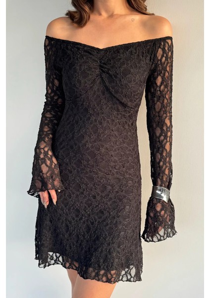 Kadın V Yaka Dantelli Iç Astarlı Ispanyol Kol Mini Elbise P-00019223 modelleri