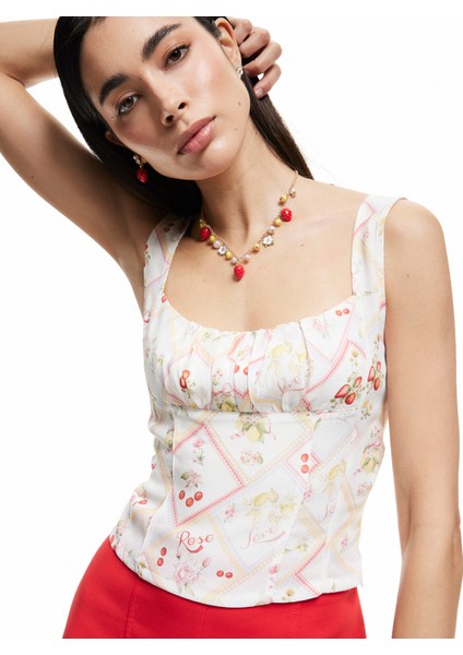 Viskon Meyve Baskılı Floral Kare Yaka Crop Bluz