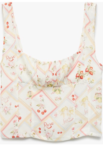 Viskon Meyve Baskılı Floral Kare Yaka Crop Bluz modelleri