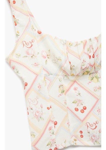 Viskon Meyve Baskılı Floral Kare Yaka Crop Bluz indirimleri