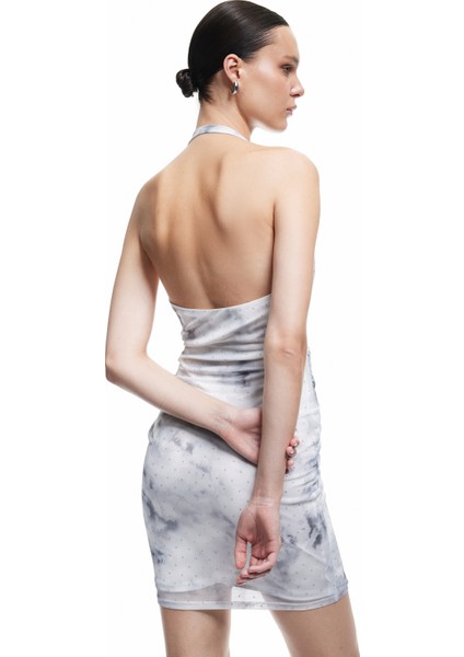 Slim Fit Desenli Sırt Dekolteli Degaje Yaka Taşlı Mini Elbise modelleri