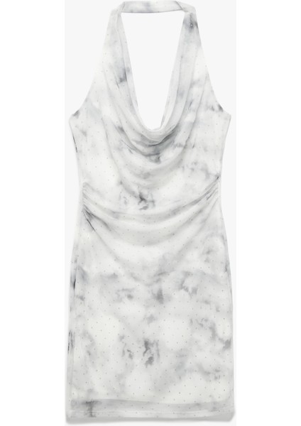 Slim Fit Desenli Sırt Dekolteli Degaje Yaka Taşlı Mini Elbise fırsatları