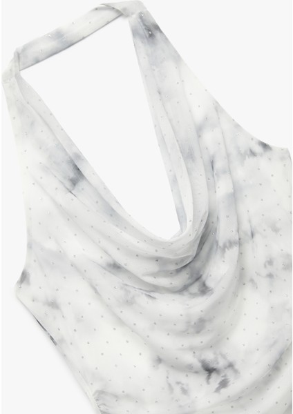 Slim Fit Desenli Sırt Dekolteli Degaje Yaka Taşlı Mini Elbise