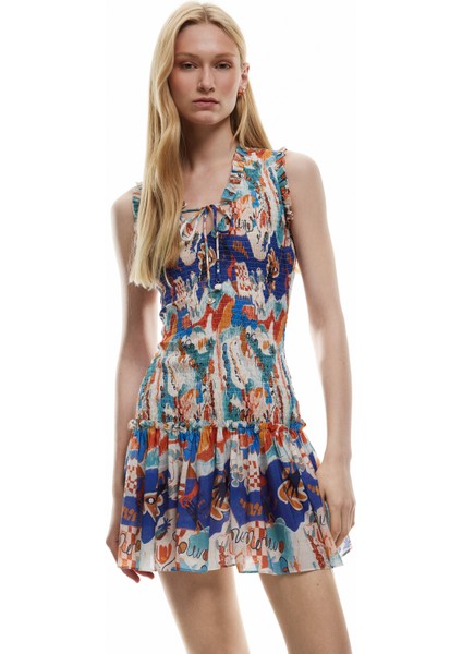 Etnik Desenli Bağlamalı Yaka Kolsuz Gipeli Fırfırlı Mini Elbise